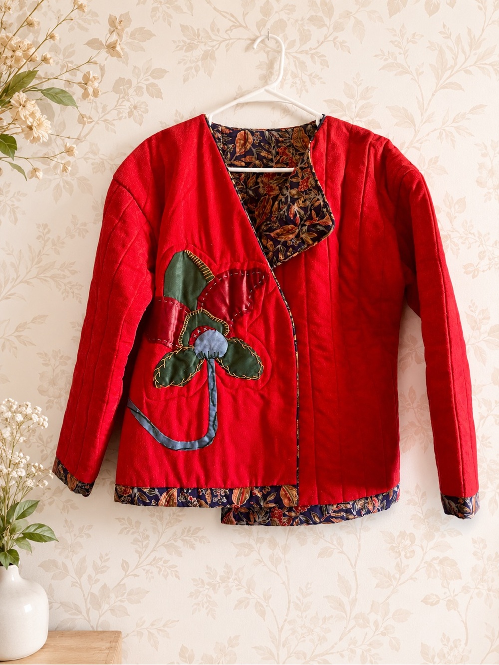 Vintage 90s Quilted Appliqué Jacket Red Floral Grandmacore Handmade Cottagecore